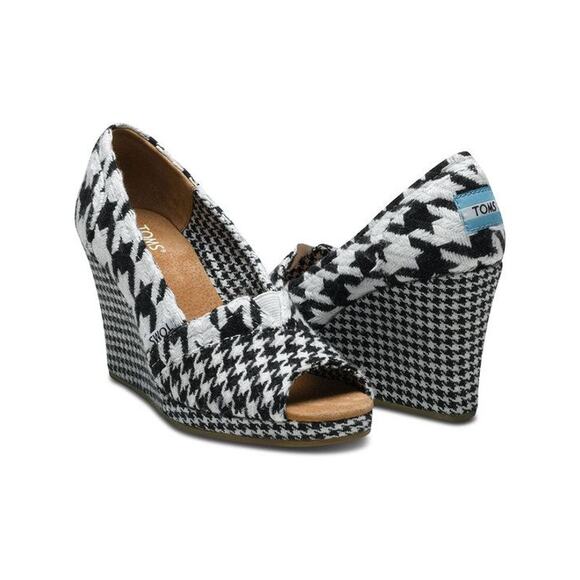 TOMS Scottish Houndstooth Wedges Peep Toe Black White Tweed Plaid sz 6 - Picture 1 of 13